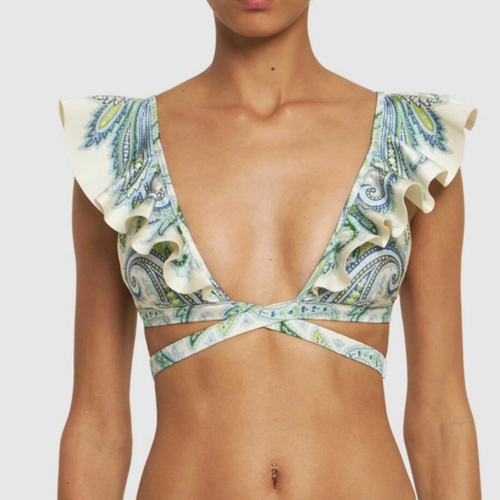 ZIMMERMANN Wrap Ruffled Bikini Top - Green and White Paisley - Size 2